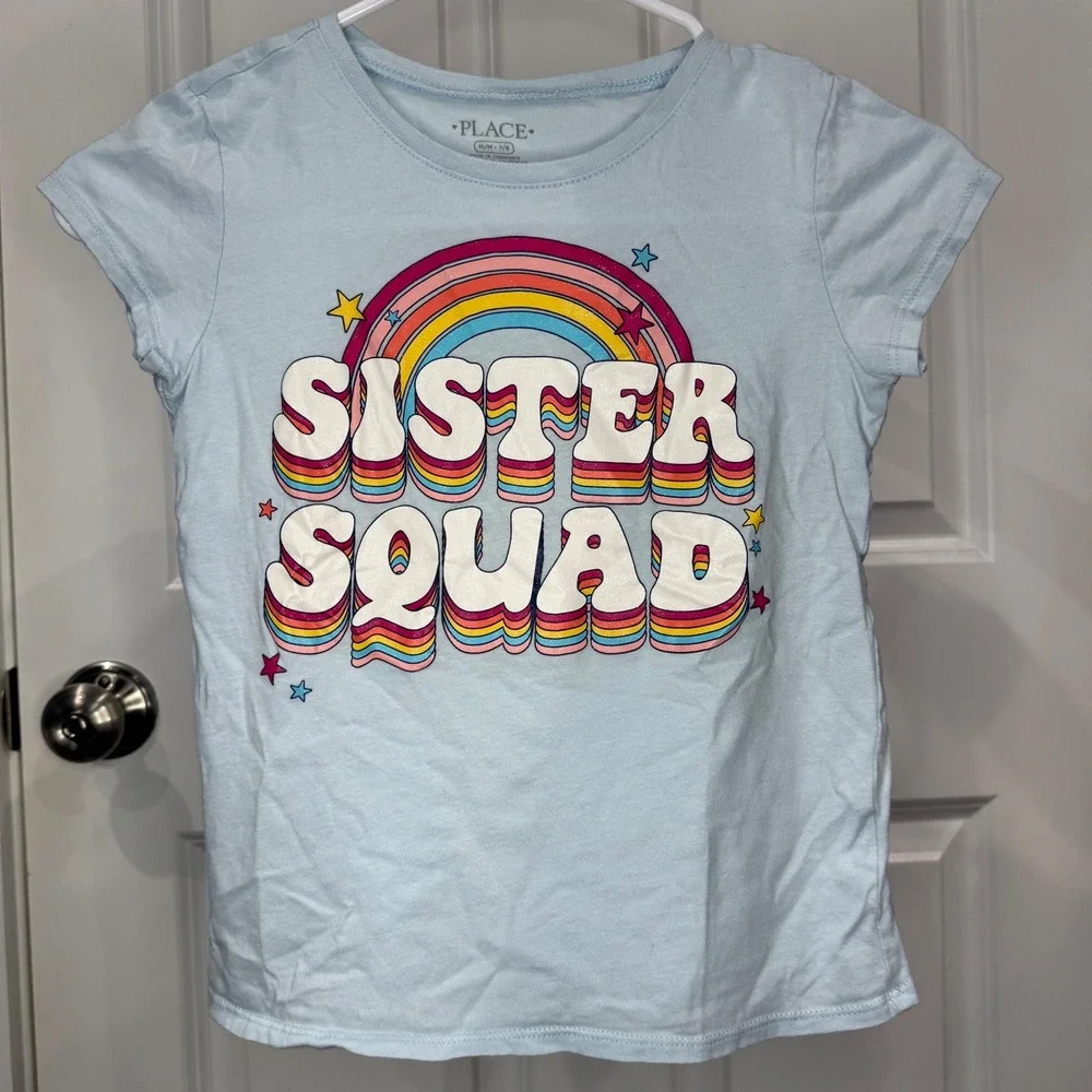 The Childrens Place Girls Light Blue Sister Squad Rainbow Graphic Tee Size M 7/8